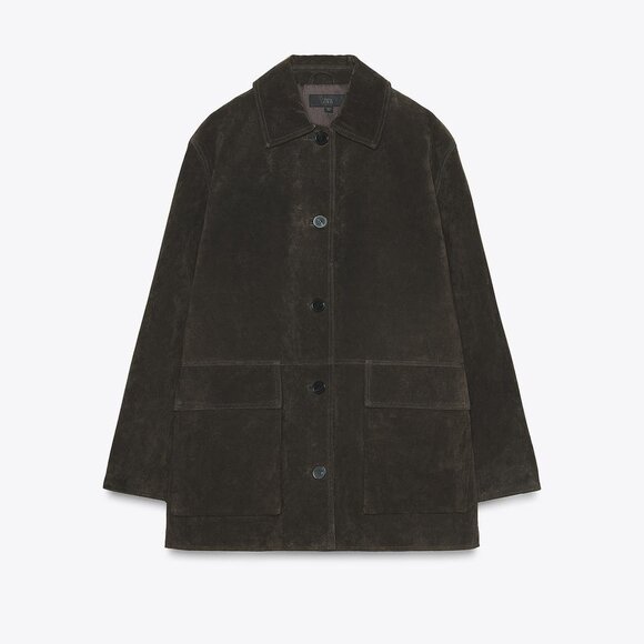 ZARA WOMAN FW25 DARK KHAKI 100% SUEDE JACKET SMALL - Picture 7 of 8